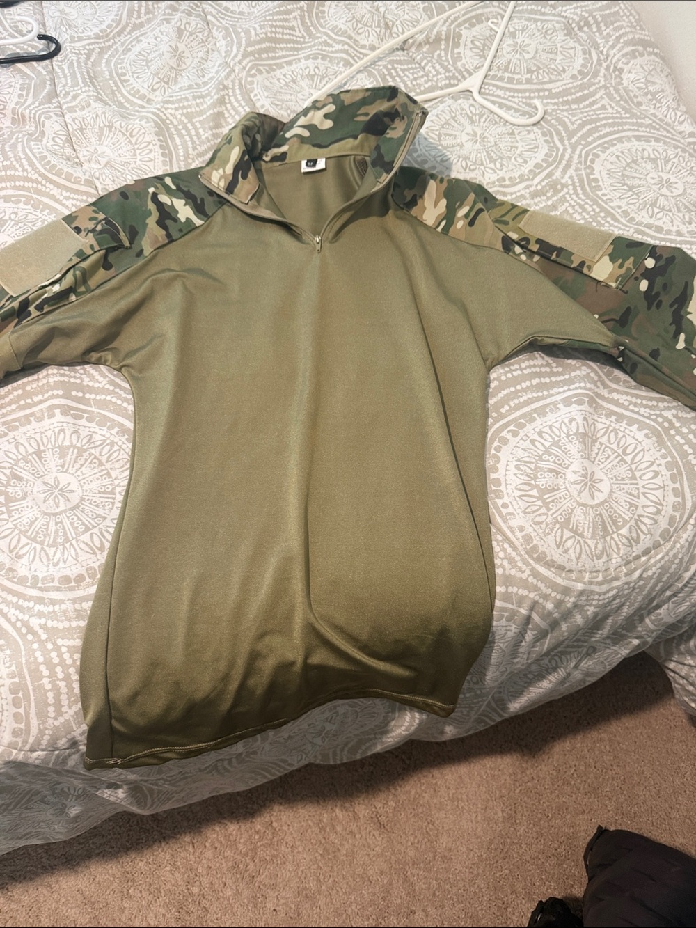 Source Unknown Olive Green Quarter-Zip Shirt with Camouflage Sleeves